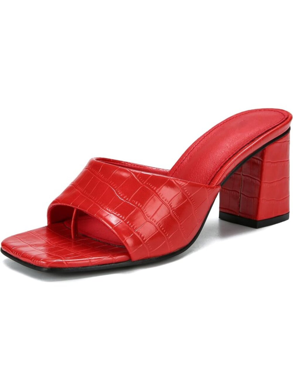 Women's Red Faux Leather 3-Inch Chunky Square Block High Heels Mules Sandals